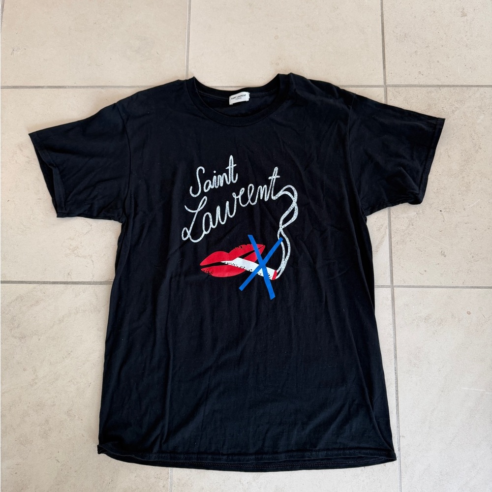 Saint Laurent Black Graphic Short Sleeve Tee with Red & Blue Accent